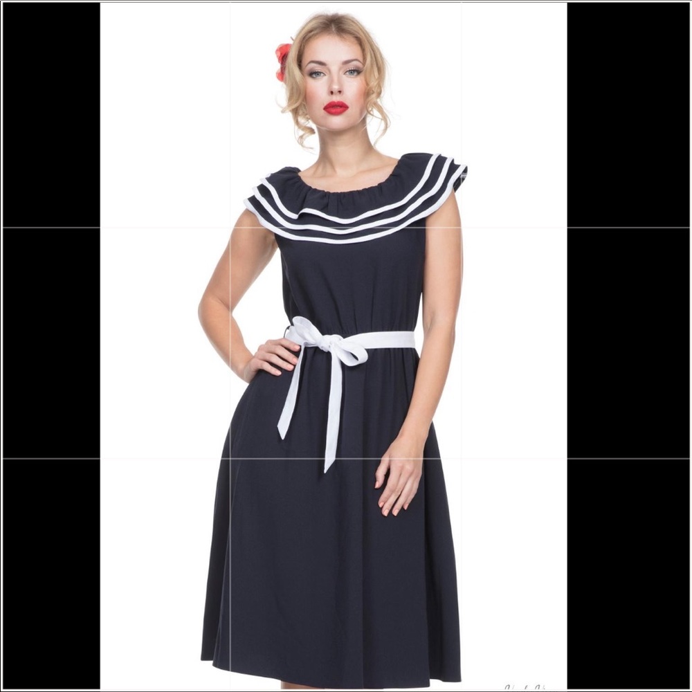 Unique Vintage Voodoo Vixen Off the Shoulder Navy Dress